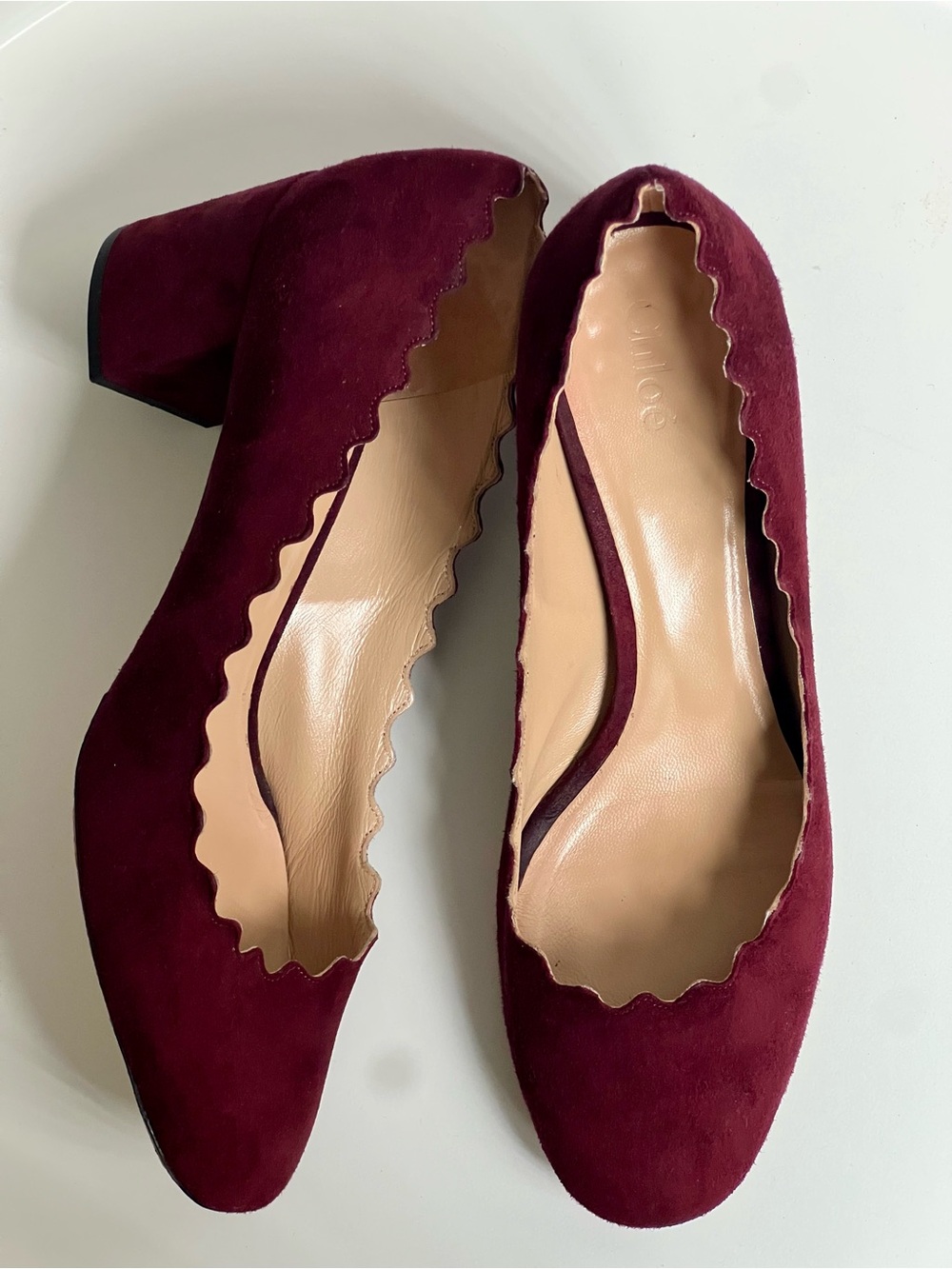 Chloe Suede Scalloped Block Heel Pumps 37.5
